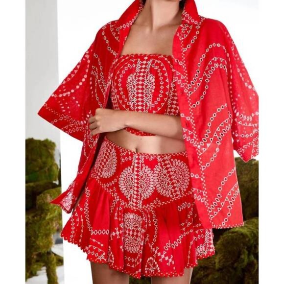 Charo Ruiz Marli Embroidered Mini Skirt L Red Nelum Eyelet Boho Resort - Picture 4 of 12